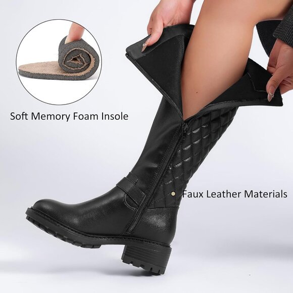 Women’s Knee High Boots Faux Leather Winter Travel Riding Combat Shoes - Picture 3 of 6